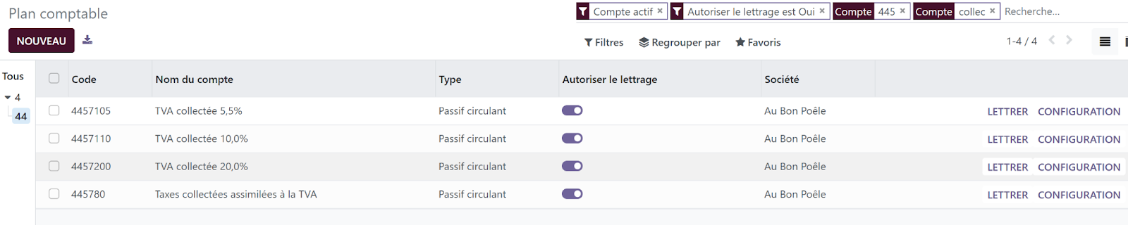Liste de comptes comptables lettrables